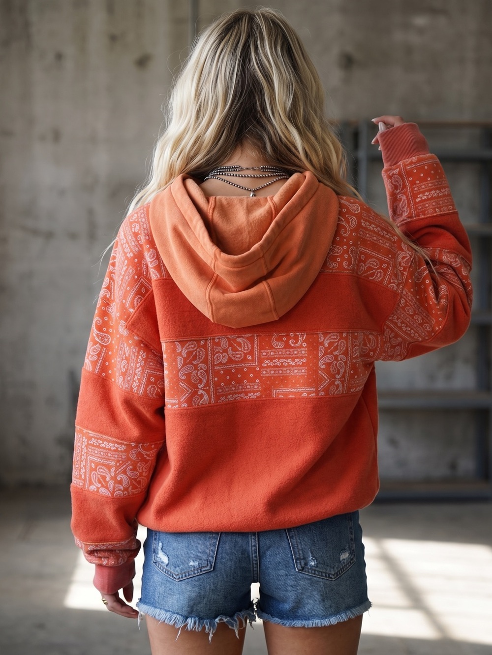 NWT Easel Bandana Print Washed Paisley Hoodie Pullover Sweatshirt Red - Picture 4 of 10